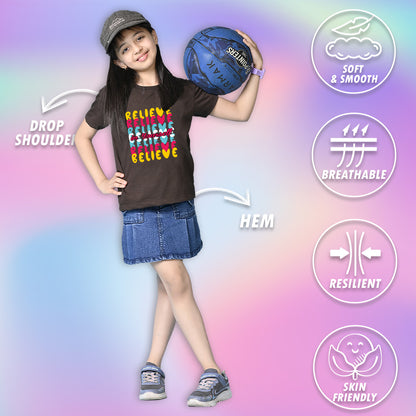 Nusyl Girls Brown Believe Text Printed  Short sleeve Cotton Blend Oversized T-shirts