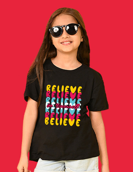 Nusyl Girls Black Believe Text Printed  Short sleeve Cotton Blend Oversized T-shirts