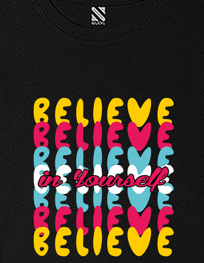 Nusyl Girls Black Believe Text Printed  Short sleeve Cotton Blend Oversized T-shirts