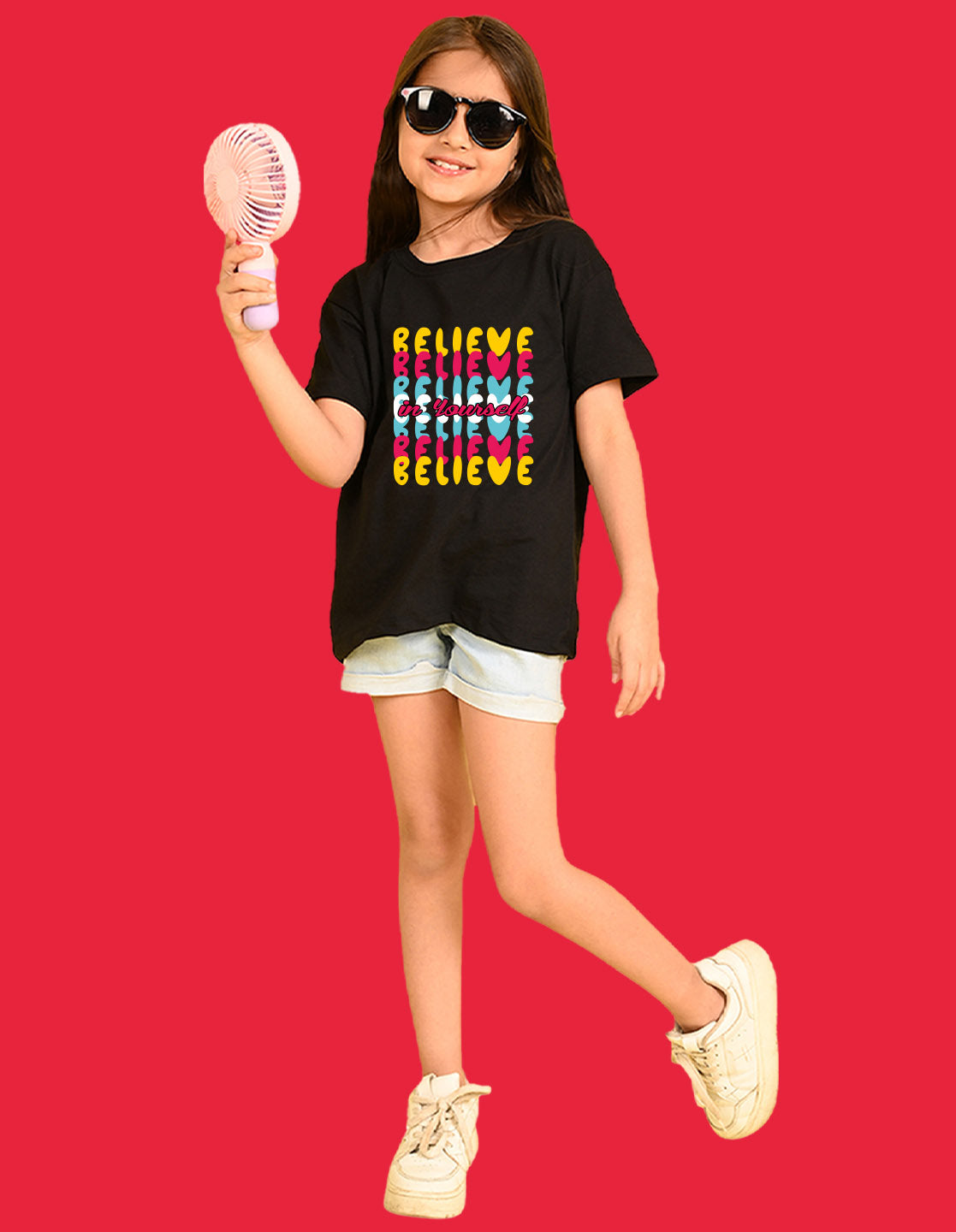 Nusyl Girls Black Believe Text Printed  Short sleeve Cotton Blend Oversized T-shirts