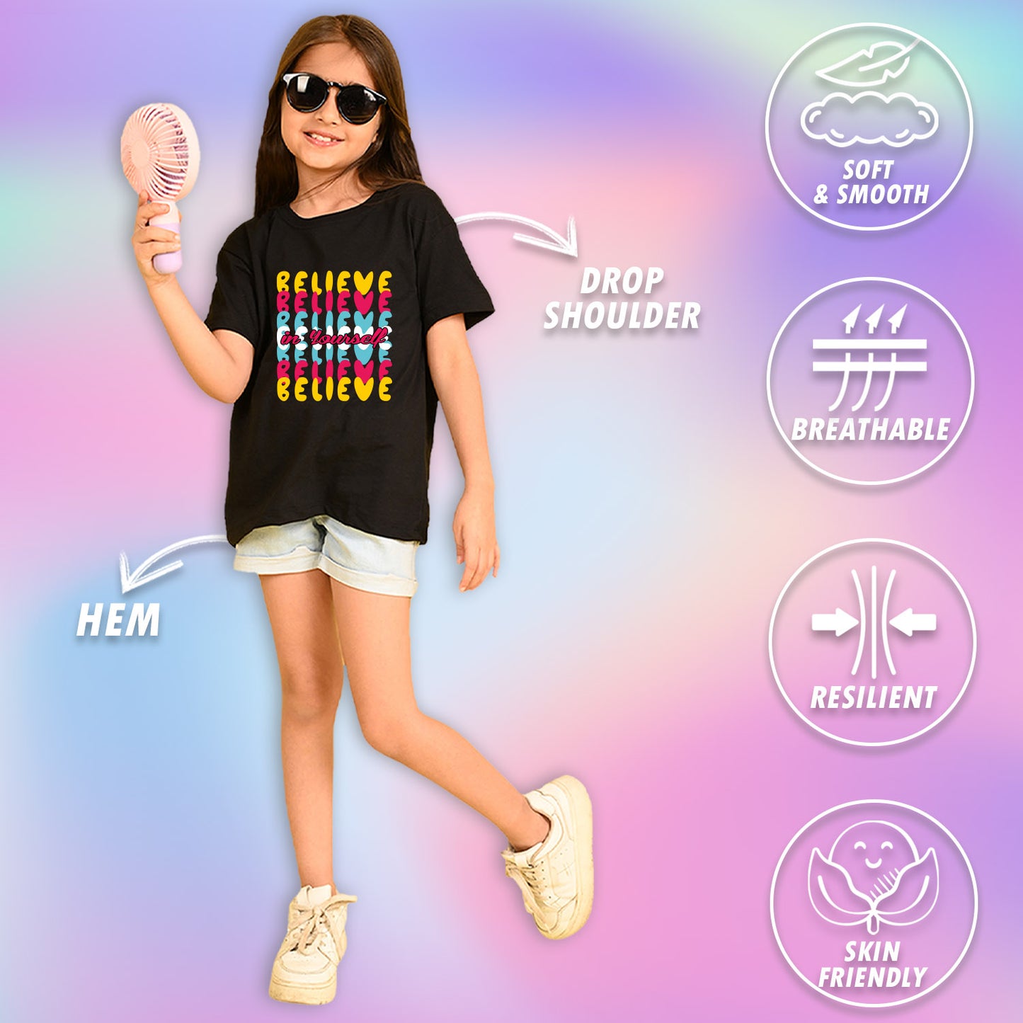 Nusyl Girls Black Believe Text Printed  Short sleeve Cotton Blend Oversized T-shirts