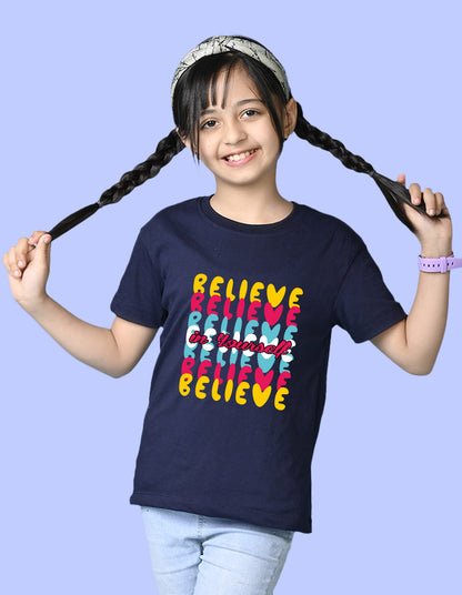 Nusyl Girls Navy Blue Believe Text Printed  Short sleeve Cotton Blend Oversized T-shirts