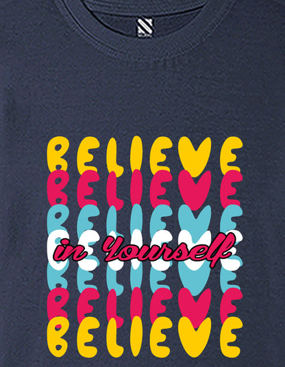 Nusyl Girls Navy Blue Believe Text Printed  Short sleeve Cotton Blend Oversized T-shirts