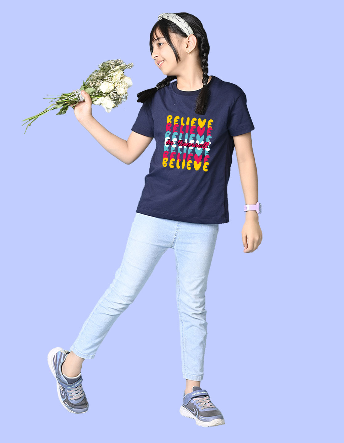 Nusyl Girls Navy Blue Believe Text Printed  Short sleeve Cotton Blend Oversized T-shirts