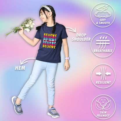 Nusyl Girls Navy Blue Believe Text Printed  Short sleeve Cotton Blend Oversized T-shirts