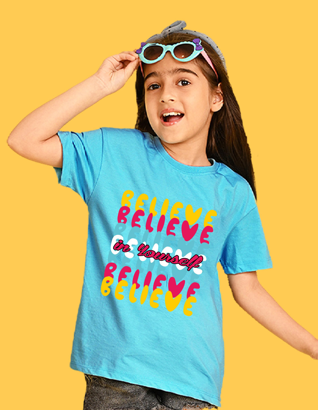 Nusyl Girls Sky Blue Believe Text Printed  Short sleeve Cotton Blend Oversized T-shirts