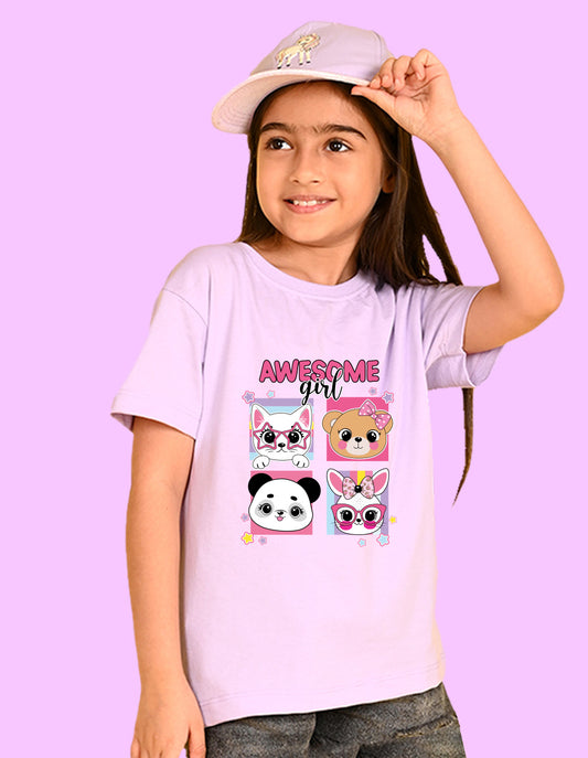 Nusyl Girls Lilac Girl Awesome Text Printed  Short sleeve Cotton Blend Oversized T-shirts