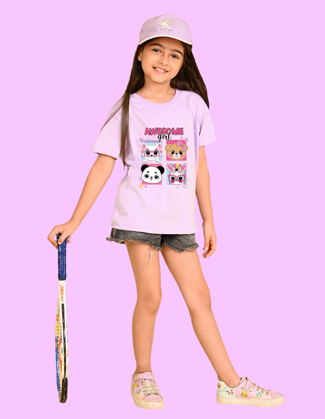 Nusyl Girls Lilac Girl Awesome Text Printed  Short sleeve Cotton Blend Oversized T-shirts