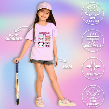 Nusyl Girls Lilac Girl Awesome Text Printed  Short sleeve Cotton Blend Oversized T-shirts