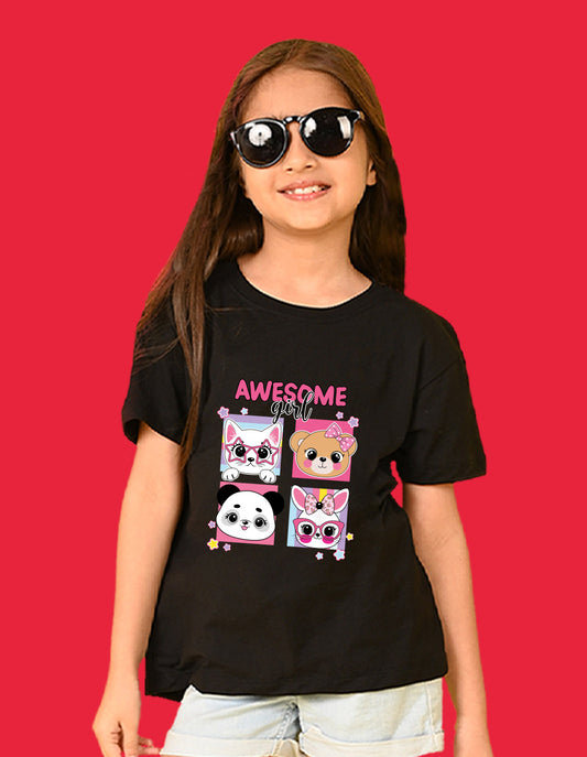 Nusyl Girls Black Girl Awesome Text Printed  Short sleeve Cotton Blend Oversized T-shirts
