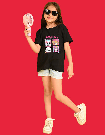 Nusyl Girls Black Girl Awesome Text Printed  Short sleeve Cotton Blend Oversized T-shirts