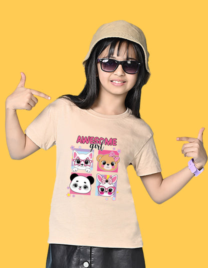 Nusyl Girls Beige Girl Awesome Text Printed  Short sleeve Cotton Blend Oversized T-shirts