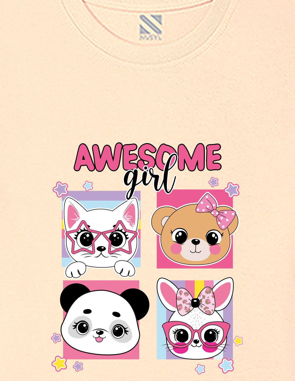 Nusyl Girls Beige Girl Awesome Text Printed  Short sleeve Cotton Blend Oversized T-shirts