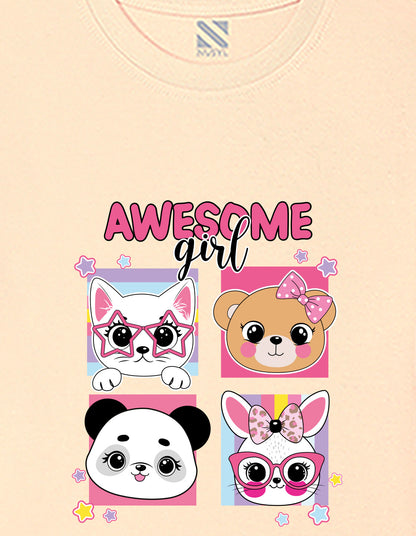 Nusyl Girls Beige Girl Awesome Text Printed  Short sleeve Cotton Blend Oversized T-shirts