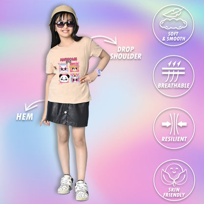 Nusyl Girls Beige Girl Awesome Text Printed  Short sleeve Cotton Blend Oversized T-shirts
