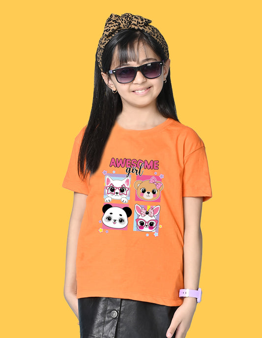 Nusyl Girls Orange Girl Awesome Text Printed  Short sleeve Cotton Blend Oversized T-shirts