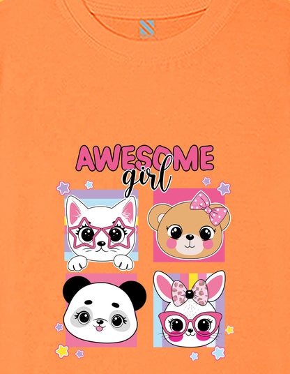 Nusyl Girls Orange Girl Awesome Text Printed  Short sleeve Cotton Blend Oversized T-shirts