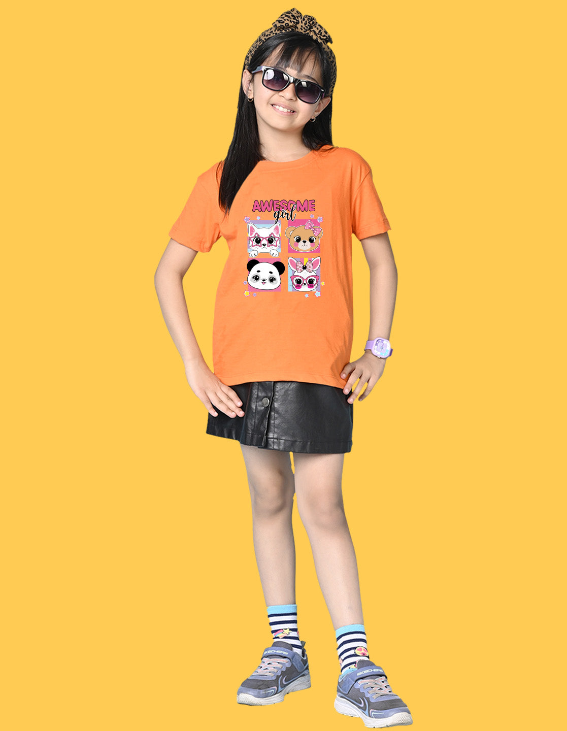 Nusyl Girls Orange Girl Awesome Text Printed  Short sleeve Cotton Blend Oversized T-shirts