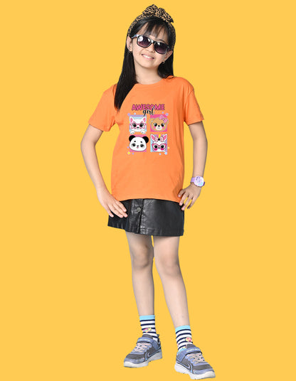 Nusyl Girls Orange Girl Awesome Text Printed  Short sleeve Cotton Blend Oversized T-shirts