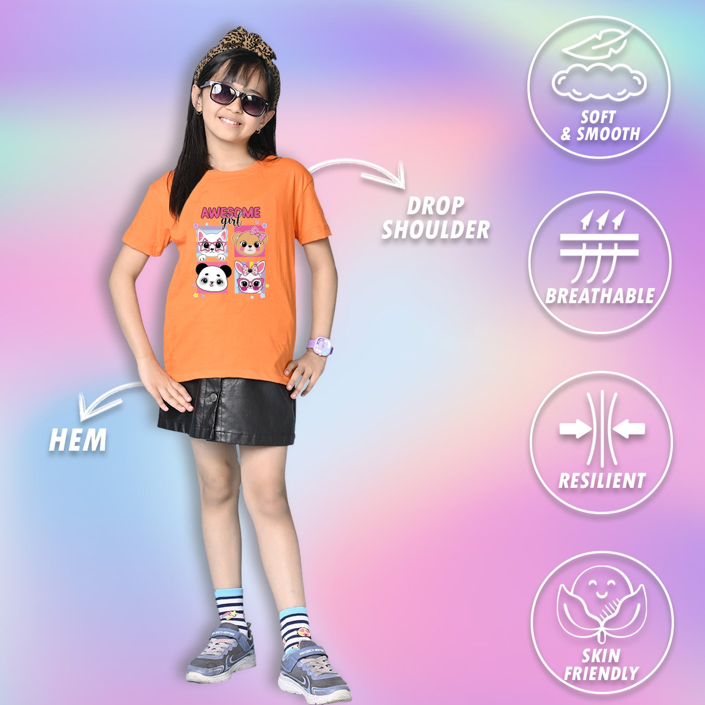 Nusyl Girls Orange Girl Awesome Text Printed  Short sleeve Cotton Blend Oversized T-shirts