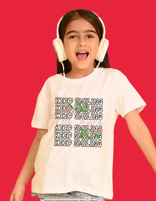 Nusyl Girls White keep smiling text Printed  Short sleeve Cotton Blend Oversized T-shirts