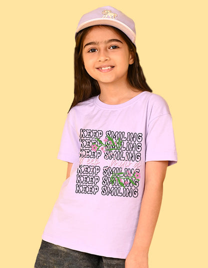 Nusyl Girls Lilac keep smiling text Printed  Short sleeve Cotton Blend Oversized T-shirts
