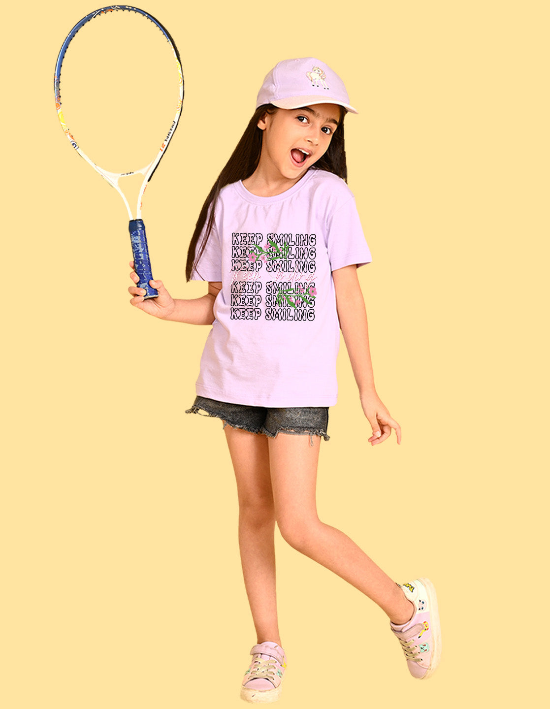 Nusyl Girls Lilac keep smiling text Printed  Short sleeve Cotton Blend Oversized T-shirts