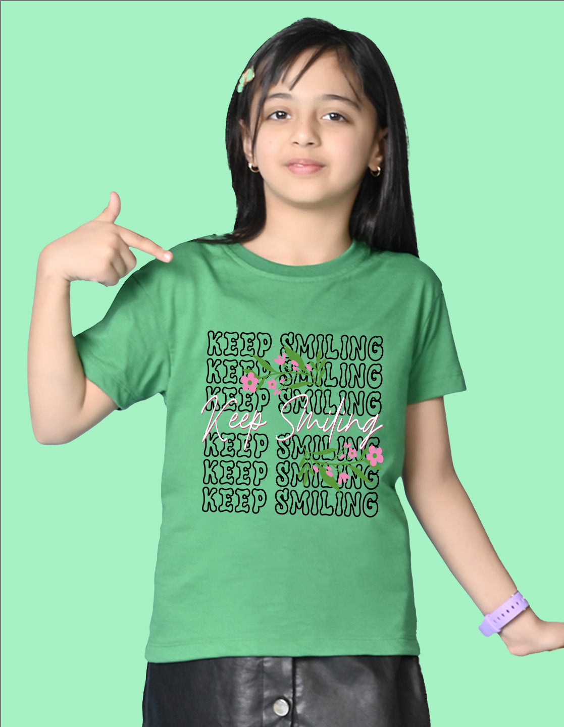 Nusyl Girls Green keep smiling text Printed  Short sleeve Cotton Blend Oversized T-shirts