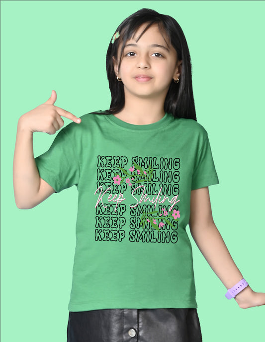 Nusyl Girls Green keep smiling text Printed  Short sleeve Cotton Blend Oversized T-shirts