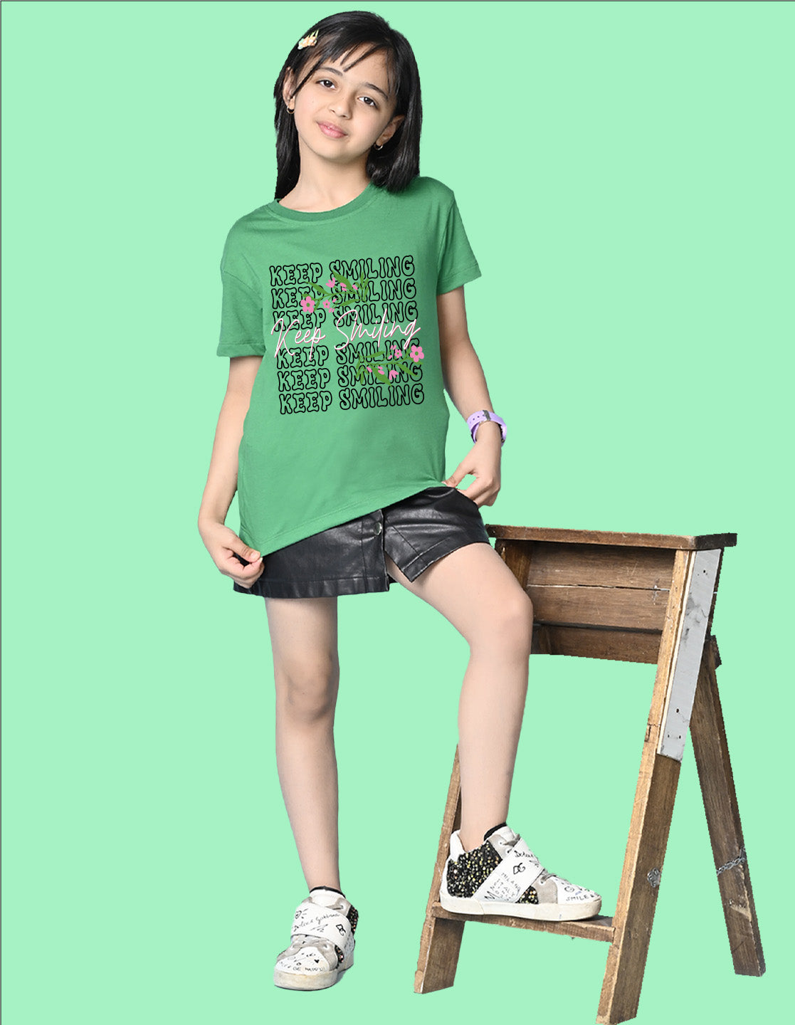 Nusyl Girls Green keep smiling text Printed  Short sleeve Cotton Blend Oversized T-shirts