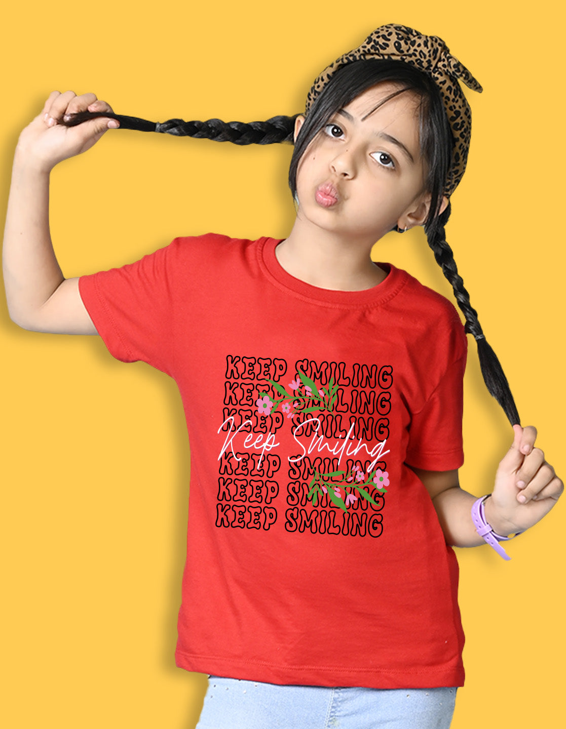 Nusyl Girls Red keep smiling text Printed  Short sleeve Cotton Blend Oversized T-shirts