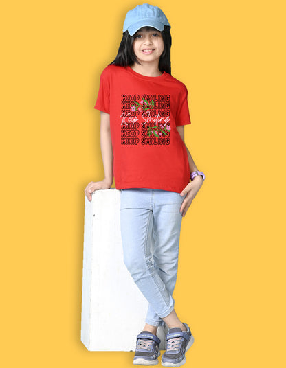Nusyl Girls Red keep smiling text Printed  Short sleeve Cotton Blend Oversized T-shirts