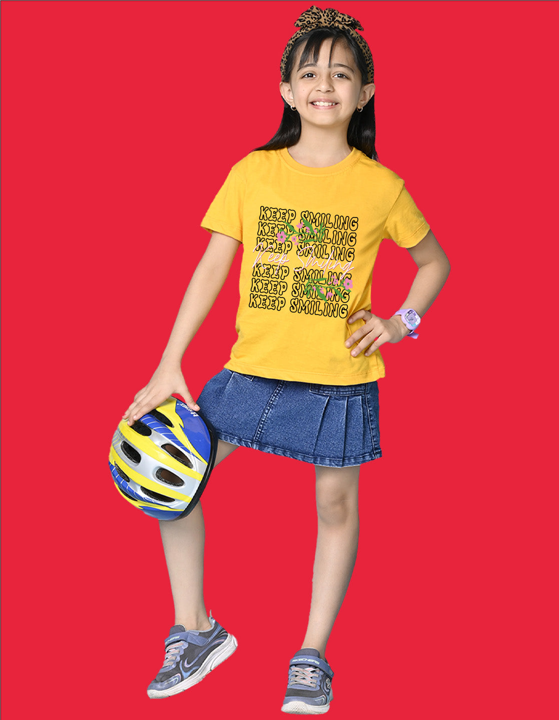 Nusyl Girls Yellow keep smiling text Printed  Short sleeve Cotton Blend Oversized T-shirts