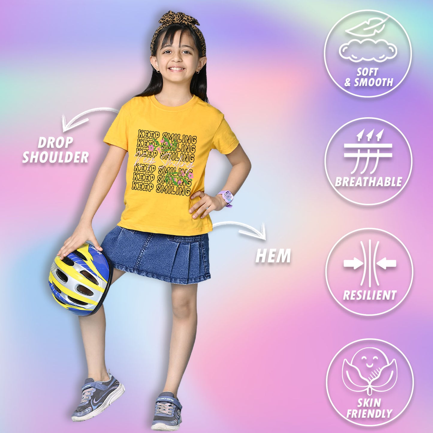 Nusyl Girls Yellow keep smiling text Printed  Short sleeve Cotton Blend Oversized T-shirts