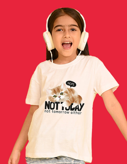 Nusyl Girls White Cat & not today text Printed  Short sleeve Cotton Blend Oversized T-shirts