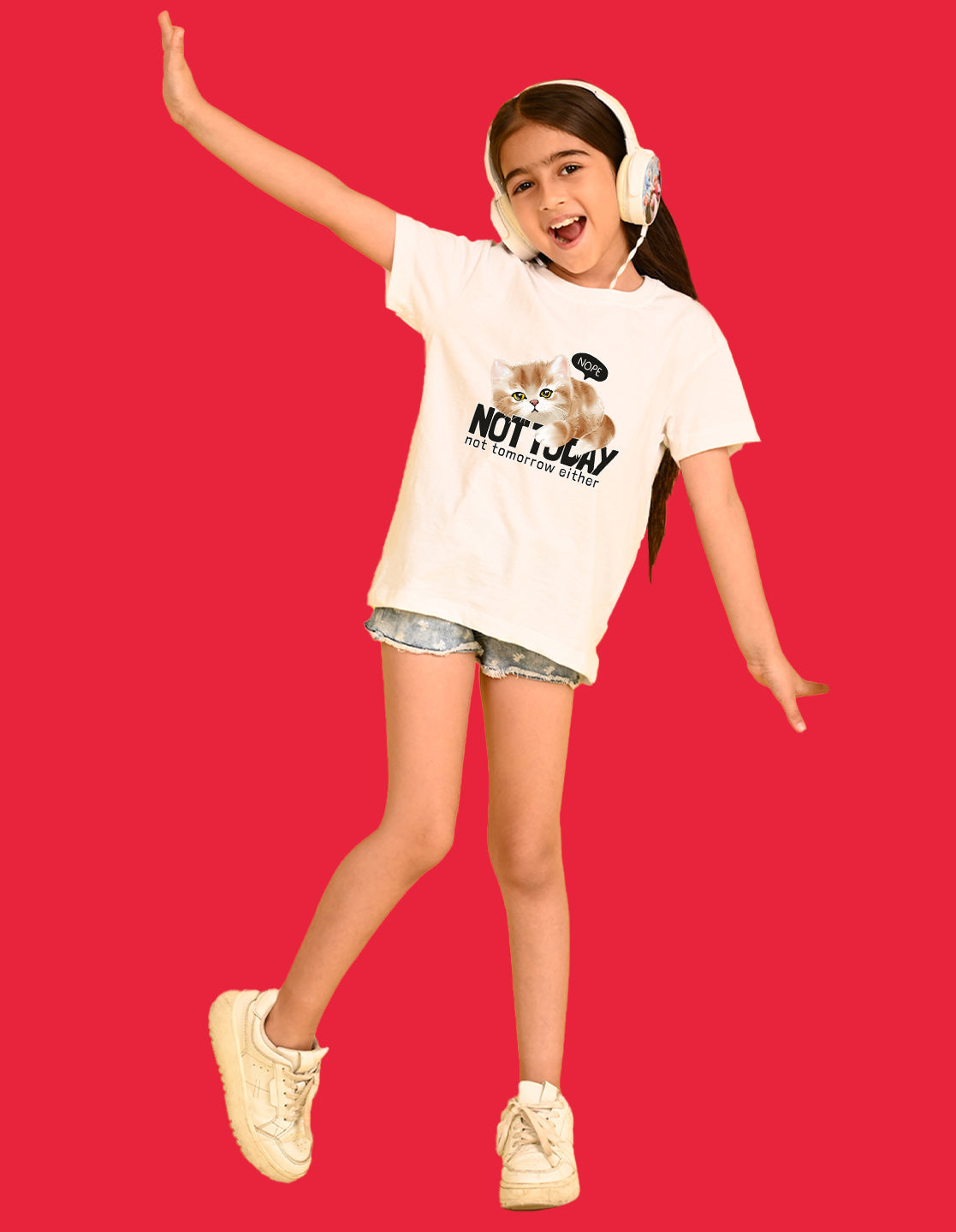 Nusyl Girls White Cat & not today text Printed  Short sleeve Cotton Blend Oversized T-shirts