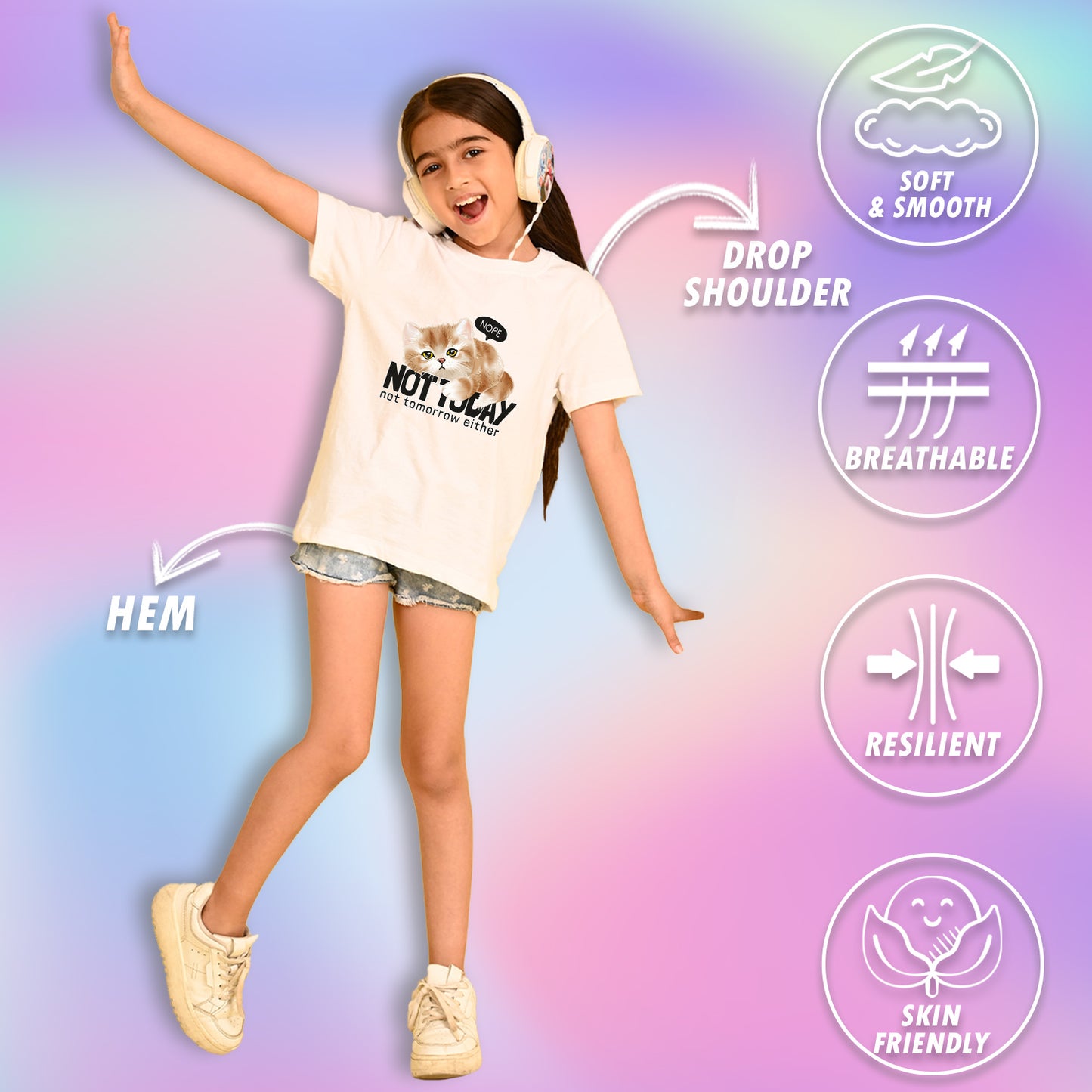 Nusyl Girls White Cat & not today text Printed  Short sleeve Cotton Blend Oversized T-shirts