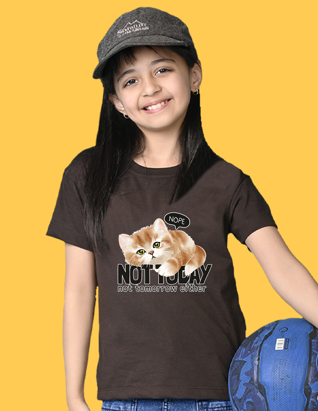 Nusyl Girls Brown Cat & not today text Printed  Short sleeve Cotton Blend Oversized T-shirts