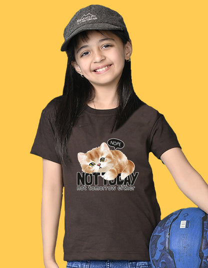 Nusyl Girls Brown Cat & not today text Printed  Short sleeve Cotton Blend Oversized T-shirts