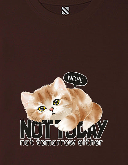Nusyl Girls Brown Cat & not today text Printed  Short sleeve Cotton Blend Oversized T-shirts