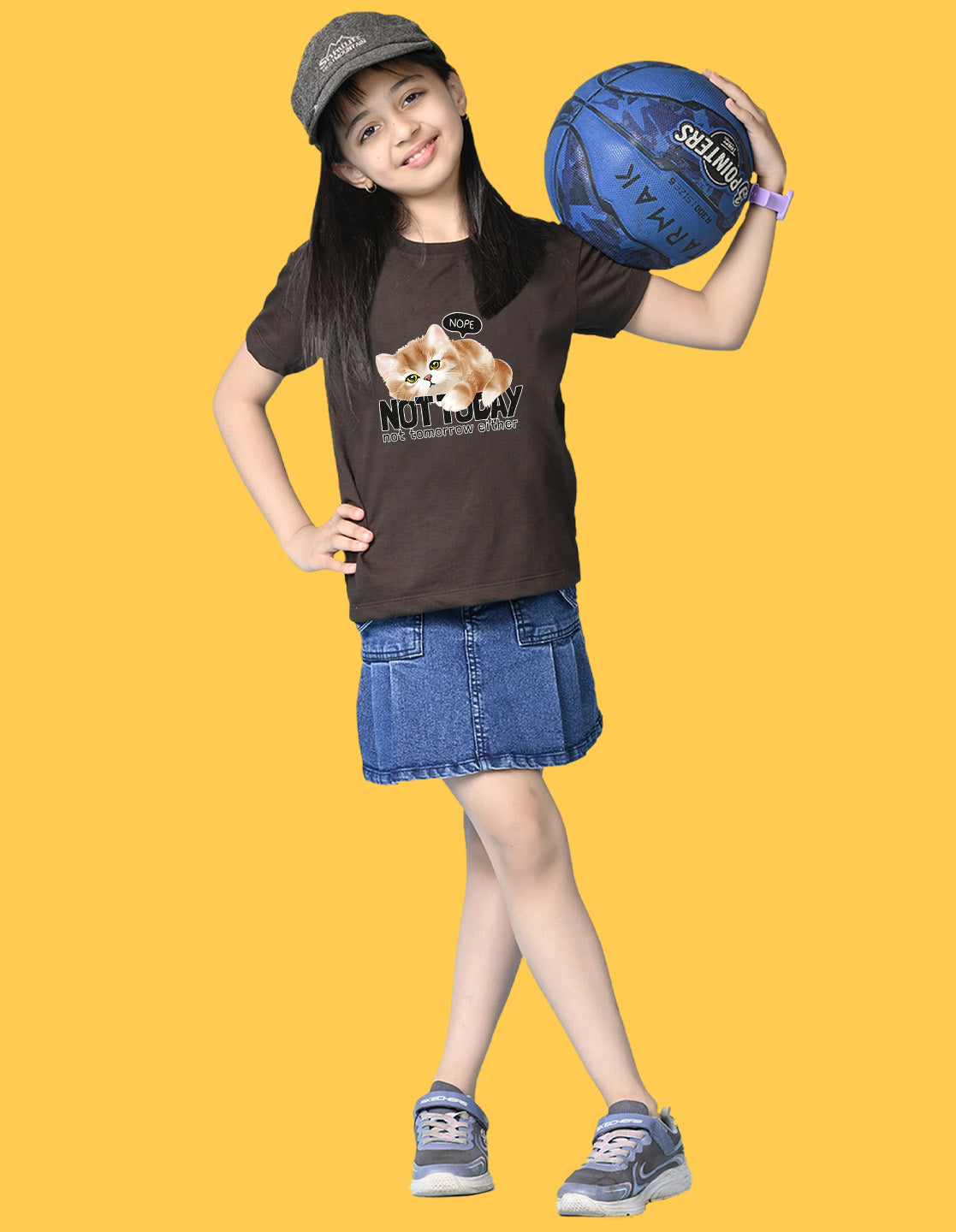 Nusyl Girls Brown Cat & not today text Printed  Short sleeve Cotton Blend Oversized T-shirts