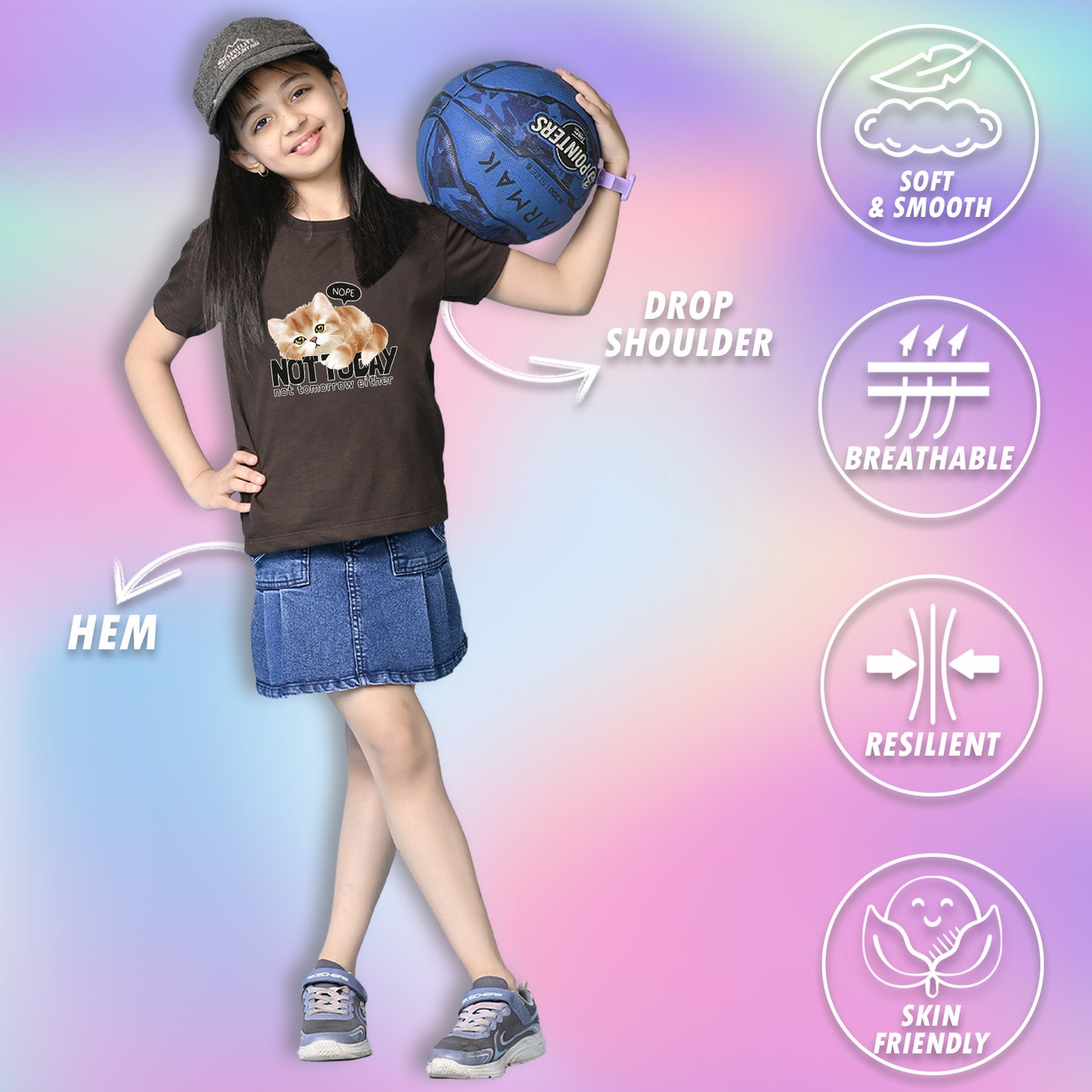 Nusyl Girls Brown Cat & not today text Printed  Short sleeve Cotton Blend Oversized T-shirts