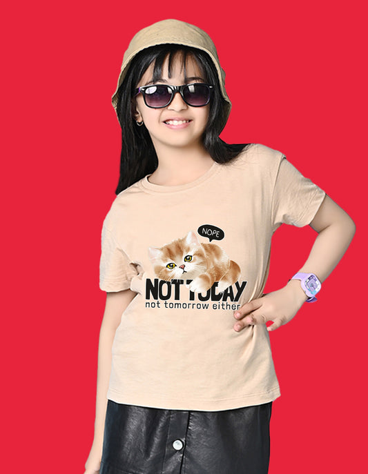 Nusyl Girls Beige Cat & not today text Printed  Short sleeve Cotton Blend Oversized T-shirts