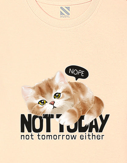 Nusyl Girls Beige Cat & not today text Printed  Short sleeve Cotton Blend Oversized T-shirts