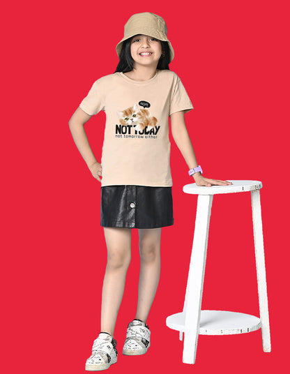 Nusyl Girls Beige Cat & not today text Printed  Short sleeve Cotton Blend Oversized T-shirts