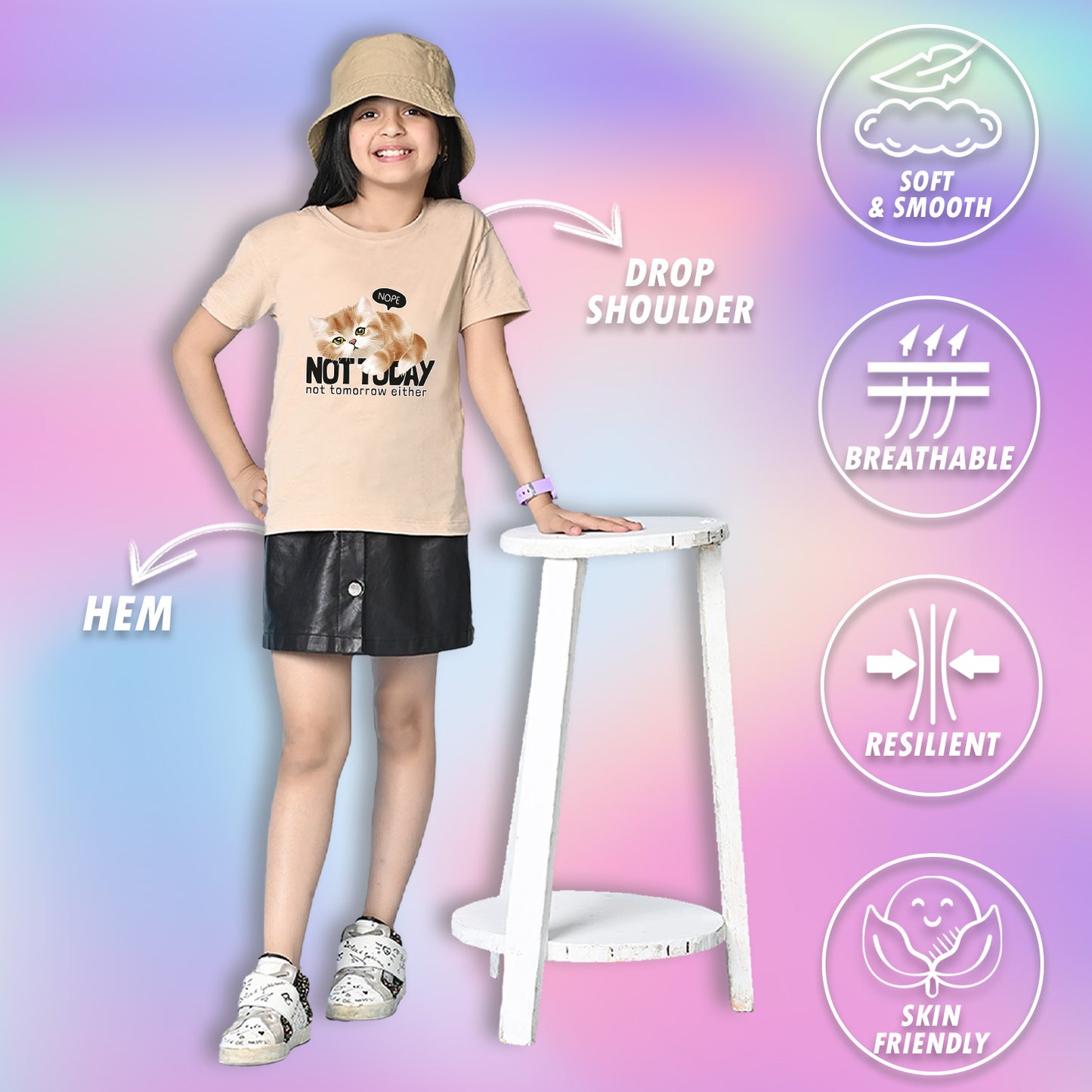 Nusyl Girls Beige Cat & not today text Printed  Short sleeve Cotton Blend Oversized T-shirts