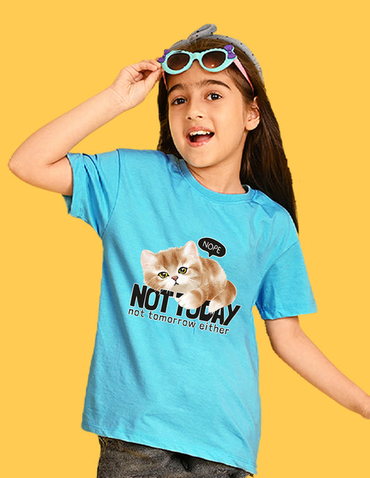 Nusyl Girls Sky Blue Cat & not today text Printed  Short sleeve Cotton Blend Oversized T-shirts