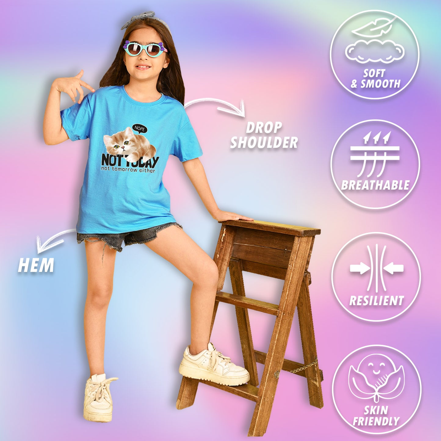 Nusyl Girls Sky Blue Cat & not today text Printed  Short sleeve Cotton Blend Oversized T-shirts