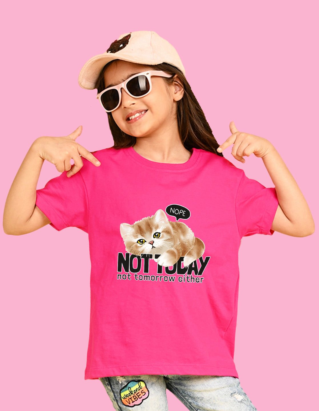 Nusyl Girls Hot Pink Cat & not today text Printed  Short sleeve Cotton Blend Oversized T-shirts