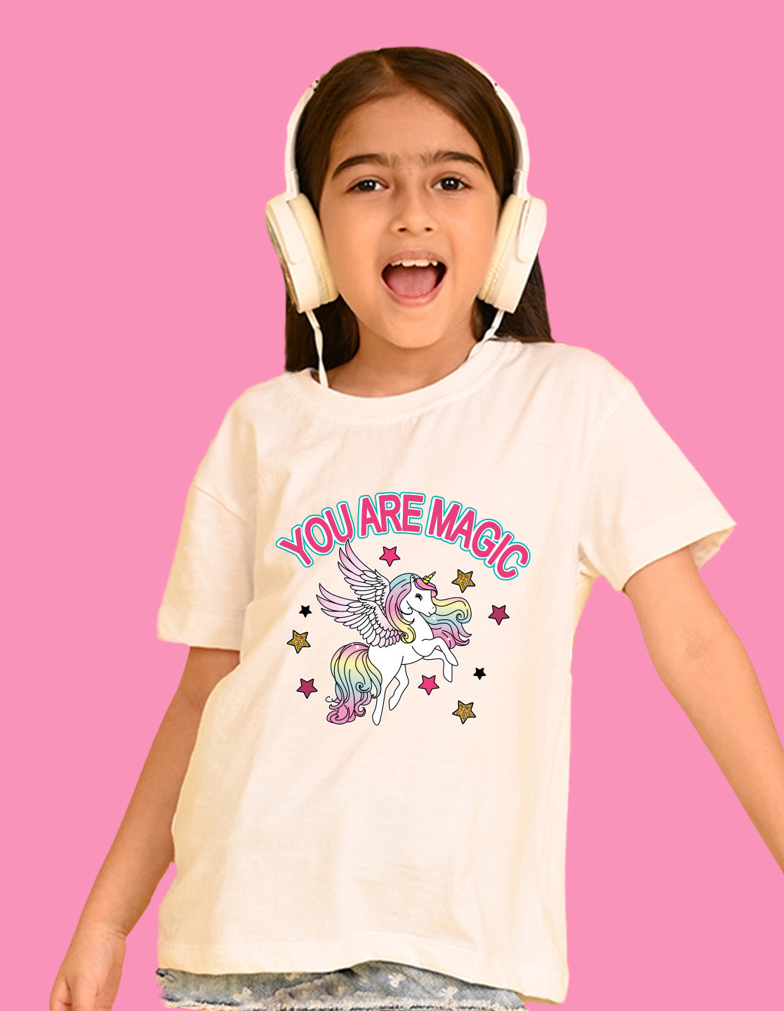 Nusyl Girls White You Are Magic Text Printed  Short sleeve Cotton Blend Oversized T-shirts